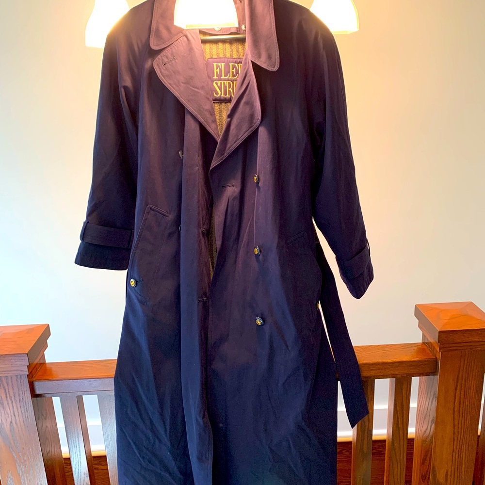 Street Fleet navy blue suede-like material trench coat wool inner lining vintage